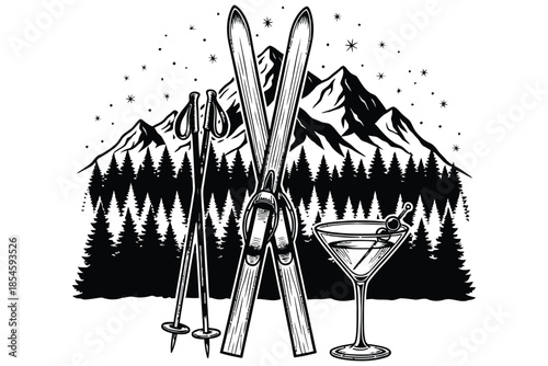 Vintage black and white illustration featuring crossed skis poles and a martini glass against mountains