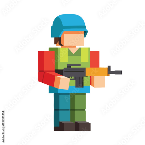 Pixelated toy soldier with a blue helmet holding a rifle in a stylized digital art style