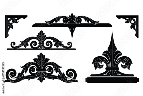 Collection of ornate baroque architectural elements and decorative corner brackets for elegant designs