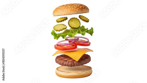 Bild auf Leinwand Deconstructed burger with beef patty and fresh ingredients isolated PNG, delicio
