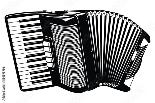 Detailed black and white illustration of a classic piano accordion musical instrument isolated on white background