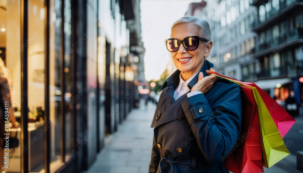 Obraz premium Stylish senior woman smiling with shopping bags on an urban city street