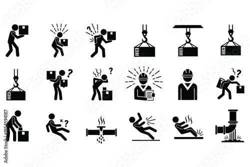 Set of black and white icons illustrating various workplace safety hazards manual handling lifting and falling