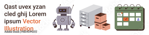 Automation, data storage, logistics, project management, scheduling, organization. Robot with antenna, filing cabinets stacked boxes calendar with a highlighted event. Automation and data storage