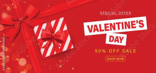 3d Valentine's Day Sale Banner with Gift Box and Ribbon
