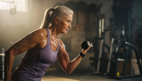 Strong senior woman lifting a dumbbell during an intense gym workout