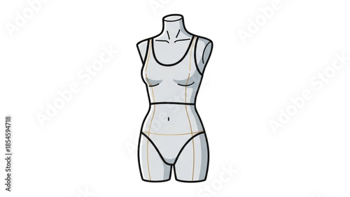 Fashion illustration of a female mannequin wearing a sleeveless swimsuit on a plain white background