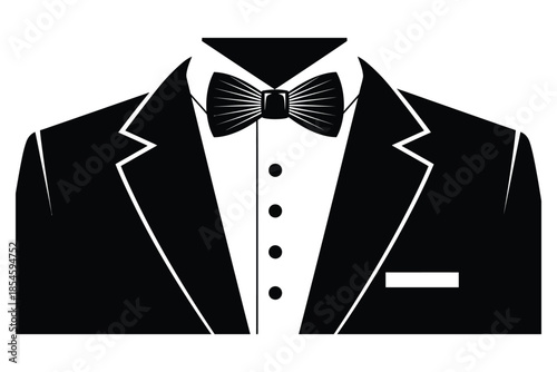 Stylized black and white graphic illustration of a formal tuxedo jacket with a crisp bow tie emblem