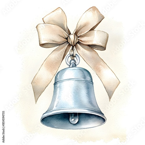 Watercolor illust n of a silver bell with cream ribbon bow on a soft background
