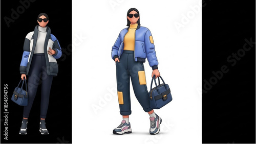 A young woman dressed in casual attire stands confidently holding a bag against a contrasting background