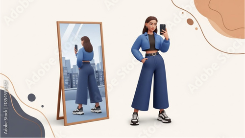 A young woman taking a selfie in front of a mirror with a city skyline reflection