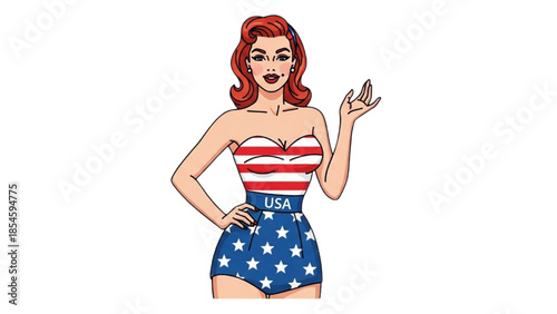 A patriotic cartoon woman wearing a stars and stripes outfit waving her hand in a friendly gesture