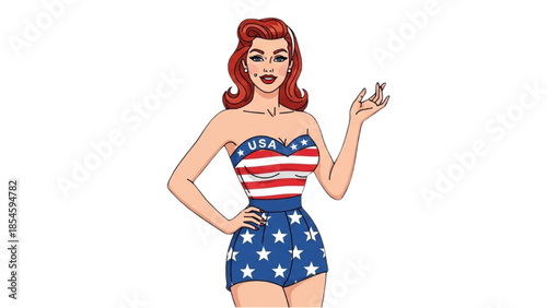 A patriotic pin-up girl in a red, white, and blue swimsuit posing confidently against a white background