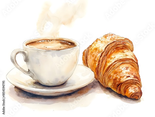 Watercolor illust n of a steaming white coffee cup and saucer next to a golden brown croissant perfect for a morning breakfast scene