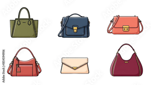 An illustration showcasing various colorful handbags arranged neatly on a white background from a straightforward viewpoint