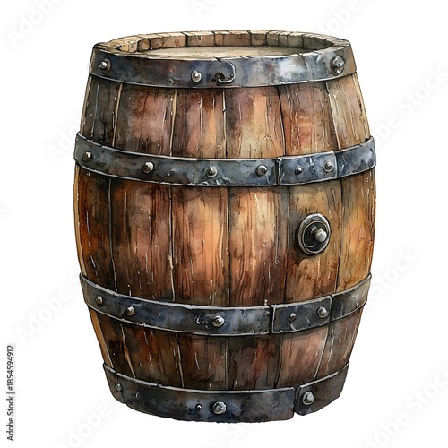 Watercolor painting of a rustic wooden barrel with metal hoops