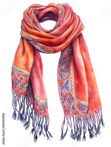 Watercolor painting of a soft ornate paisley patterned scarf with colorful fringes