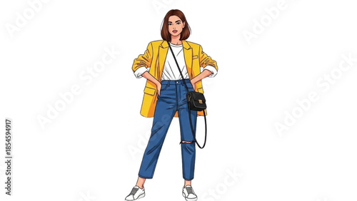 A young woman confidently posing in stylish yellow jacket and blue jeans with a black bag