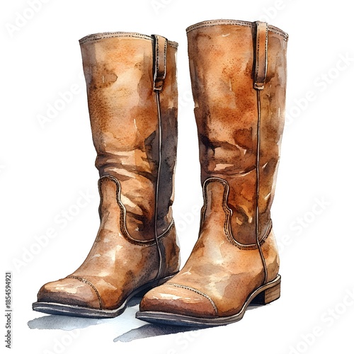 Watercolor painting capturing the rustic charm of a pair of brown knee high riding boots rendered in ic detail