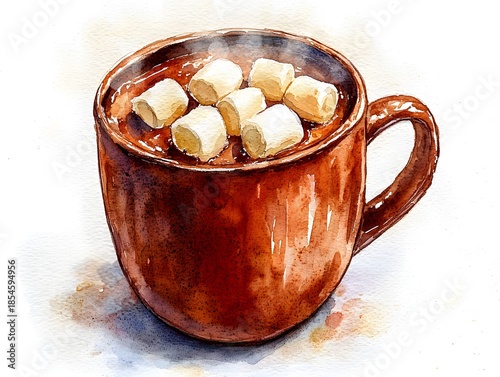 Watercolor painting of a steaming mug of hot chocolate topped with marshmallows