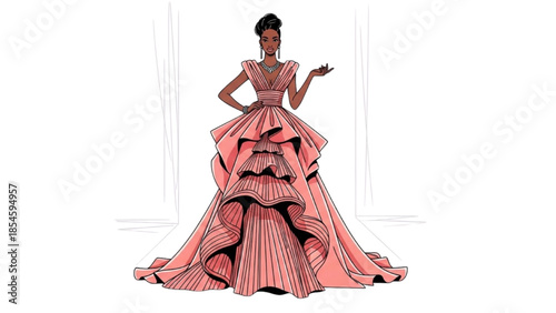 Elegant woman in a pink ruffled gown posing in a grand hall