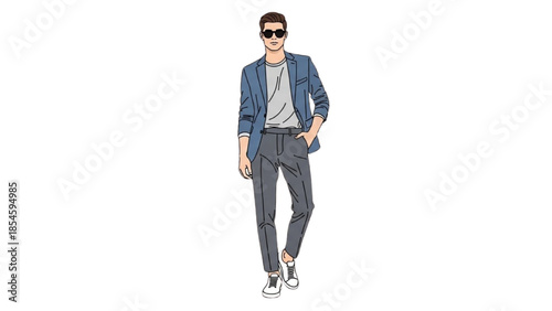 A stylish man confidently walks alone in a simple background setting