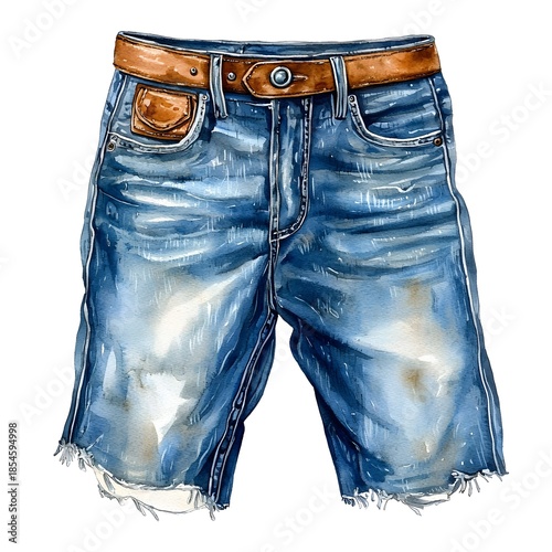 Watercolor painting of distressed blue denim shorts with a brown leather belt
