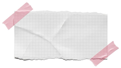 Torn piece of squared paper with tape PNG isolated on transparent background, crumpled notebook sheet for notes and reminders