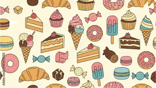 Assorted pastries and desserts are beautifully arranged in a colorful pattern on a light background