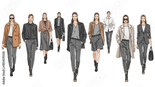 Fashion models walking in various stylish outfits and accessories on a white background
