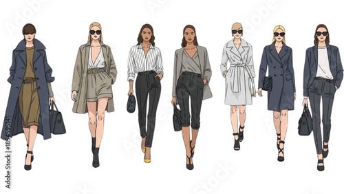 Fashionable women walking confidently in various stylish outfits and accessories on a clean white background from a frontal viewpoint.