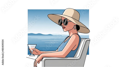 Woman relaxing on a chair by the ocean with a refreshing drink