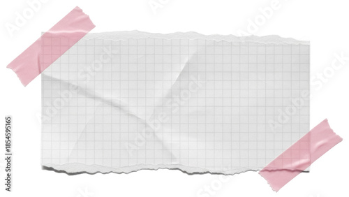 Torn piece of squared paper with tape PNG isolated on transparent background, crumpled notebook sheet for notes and reminders