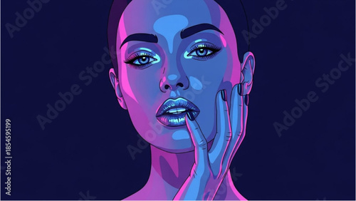 A woman touches her face with her hand in a vibrant, neon-lit illustration, capturing a moment of contemplation and beauty.