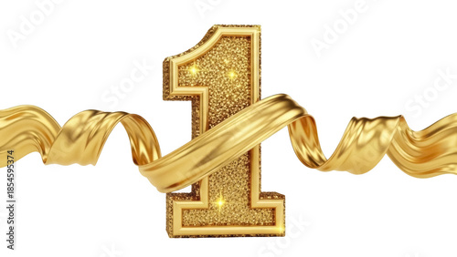 Slika na platnu Golden glitter number one with ribbon isolated PNG on transparent background, lu