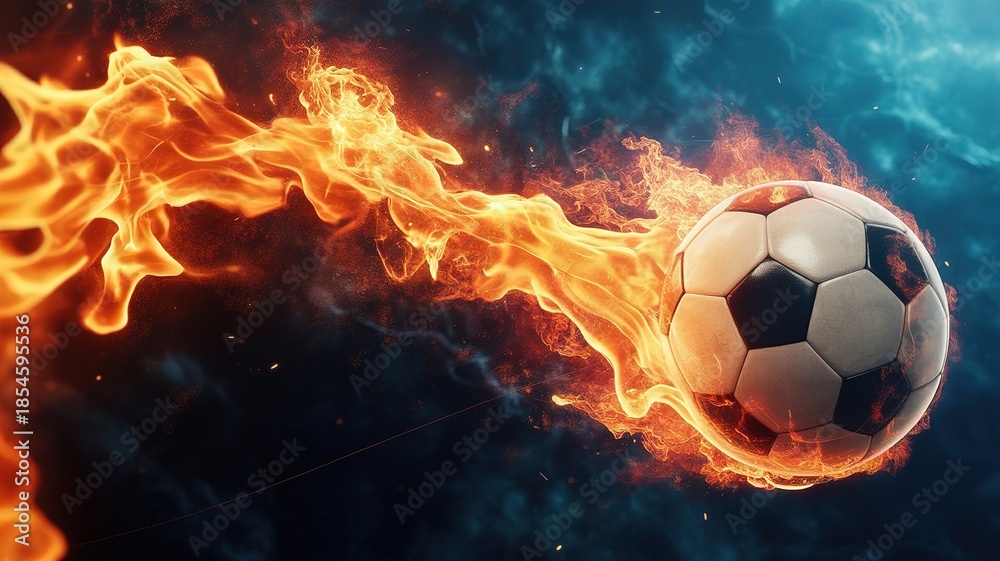 Fototapeta premium Fiery Soccer Ball for the 2026 Football World Cup with Dynamic Flames and Vibrant Colors