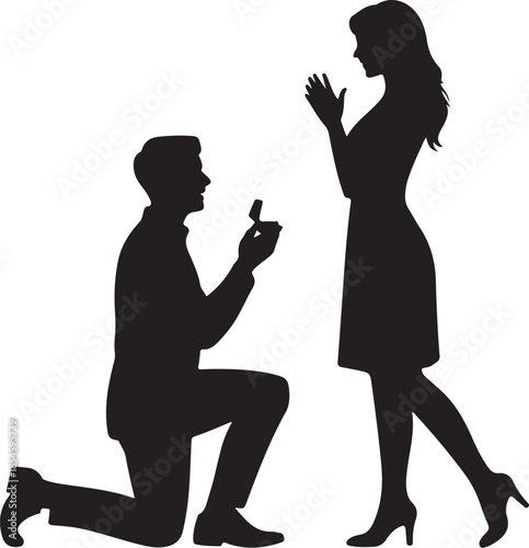 Man proposing marriage to woman holding ring box silhouette