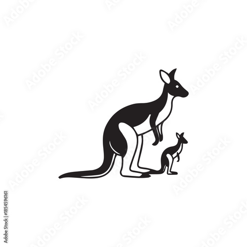 Kangaroo Family with Joey Black and White Silhouette
