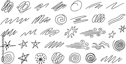 Hand drawn wind swirls and stars doodle set Vector sketch air breeze lines scribbles and abstract spiral shapes