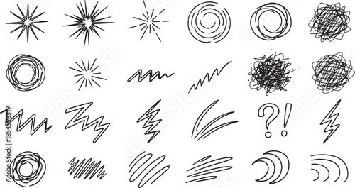 Set of hand drawn scribble and doodle elements Black ink spirals sunbursts tangled lines and abstract messy shapes vector collection