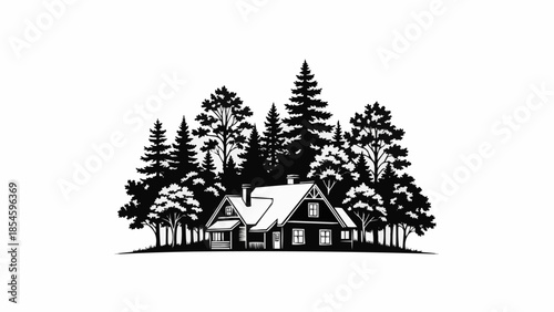 Cozy Cabin Nestled Among Tall Evergreen Trees in a Forest.