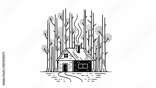 Cozy Cabin in the Woods with Smoke from Chimney.