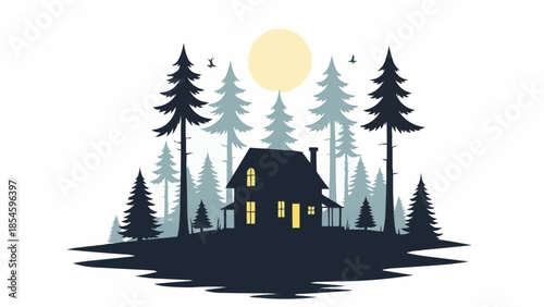 Cozy cabin nestled among tall pine trees at dusk.