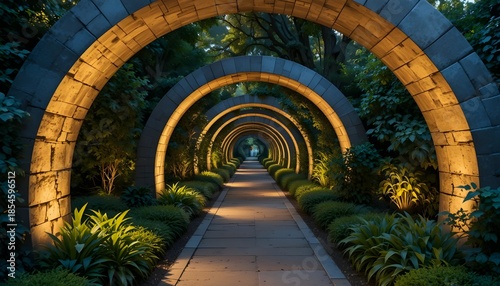 Tunnel Arch Garden Pathway Illuminated With Soft Decorative Lighting Ambience