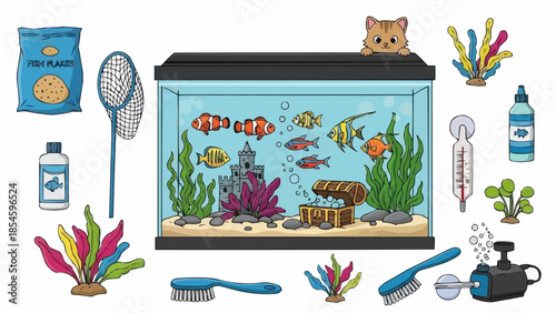 Aquarium setup with fish and accessories illustration.