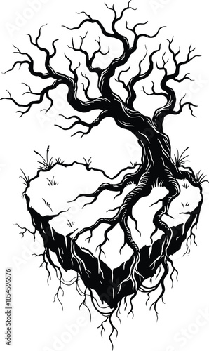 Black and white ink drawing of a gnarly leafless tree growing from a floating heart shaped island with tangled roots.