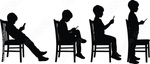 Black Silhouette Collection of a Young Boy Sitting on a Chair and Standing While Using a Smartphone or Mobile Device