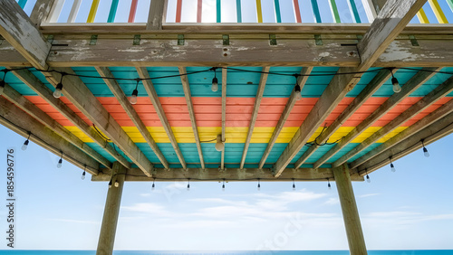 Vibrant Striped Wooden Pier Underside with String Lights and Blue Ocean Sky.