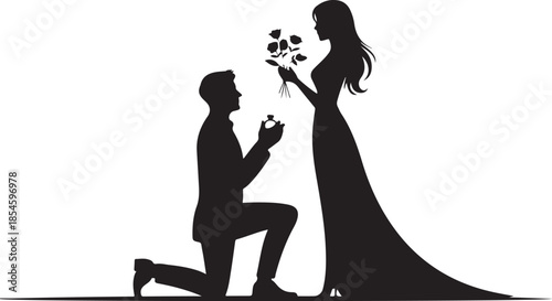 Man proposing marriage with ring to woman holding flowers