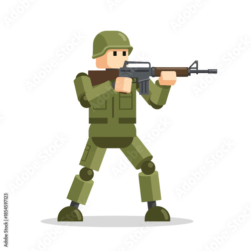 Stylized pixel art soldier aiming rifle with tactical gear and helmet in military stance